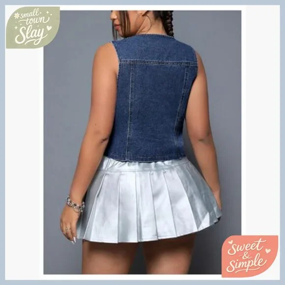 Plus Size Denim Vest Sleeveless V Neck Button Down Casual Wear